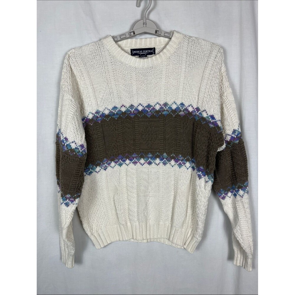 Vintage American Portrait Chunky Knit White and Brown Cotton Sweater